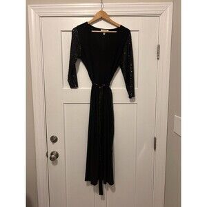 Women’s Stretch Sequin Sleeve  Black V-Neck Midi Dress Size Large Cocktail Belt